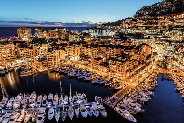 Aerial View on Fontvieille and Monaco Harbor with Luxury Yachts, French Riviera
