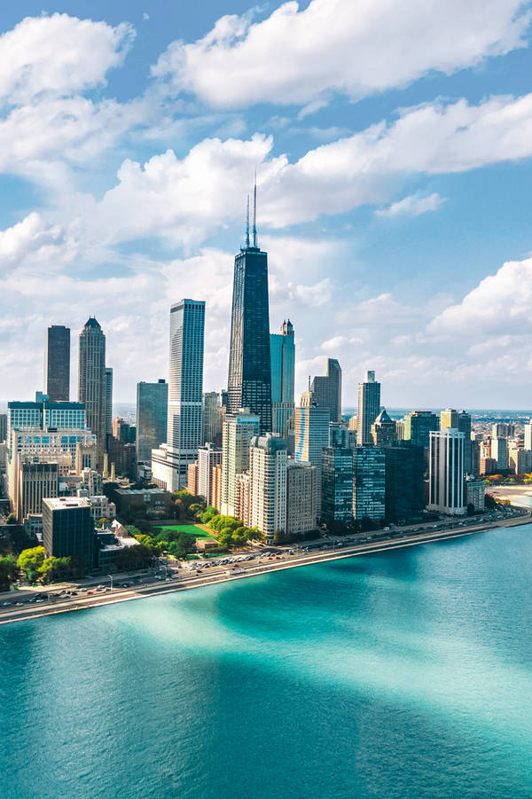 Chicago skyline aerial drone view from above, city of Chicago downtown skyscrapers and lake Michigan cityscape, Illinois, USA