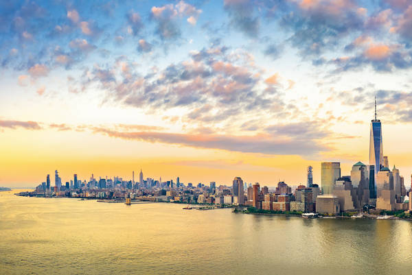 Aerial panorama of New York City skyline at sunset Aerial panorama of New York City skyline at sunset