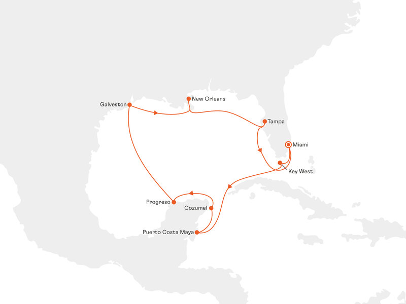 Routenkarte: Vom Sunshine State zur Mundo Maya