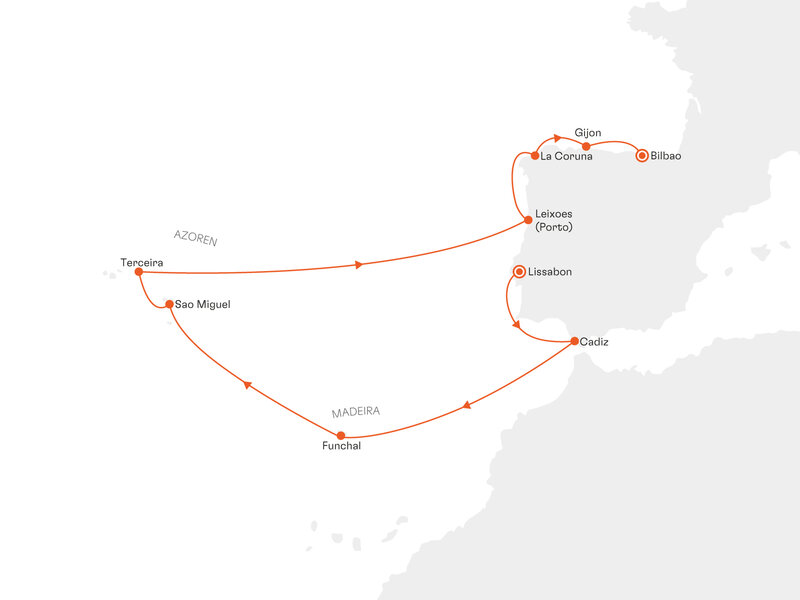 Routenkarte: Atlantische Inseln und die Aura Spaniens