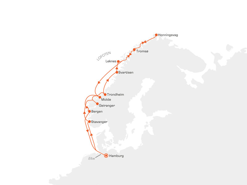 Routenkarte: Norwegens Fjorde und das Nordkap
