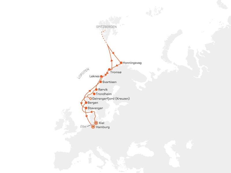 Routenkarte: Vielseitiges Norwegen mit Kurs auf Spitzbergen