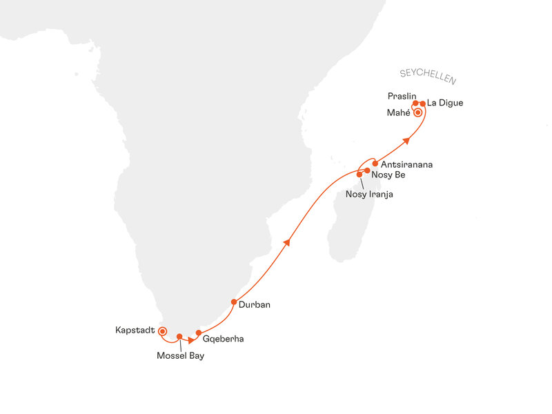 Routenkarte: Von Südafrika ins Paradies der Inseln