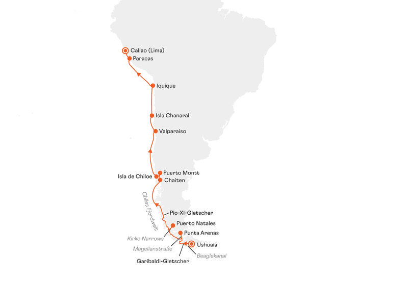 Routenkarte: Expedition Chilenische Fjorde: Naturschauspiele am Ende der Welt