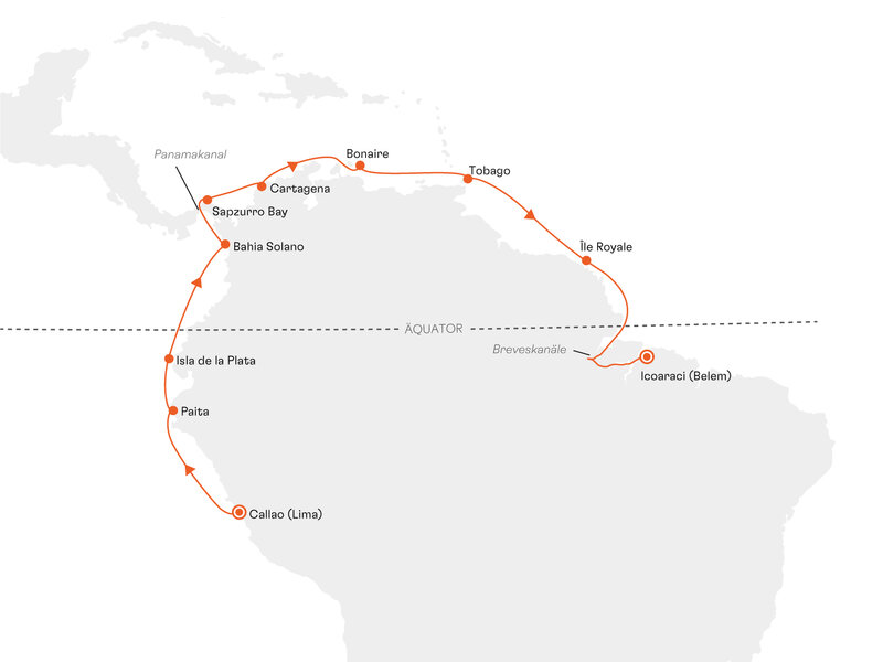 Routenkarte: Expedition Süd- und Mittelamerika mit Panamakanal: Grenzenloses Kaleidoskop der Schöpfung