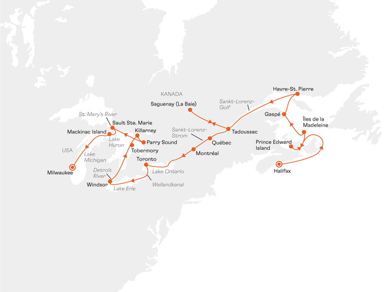 Routenkarte: Sankt-Lorenz-Strom und Great Lakes: Wo jede Schleuse die Seele Nordamerikas weit öffnet