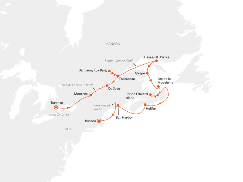 Routenkarte: Sankt-Lorenz-Strom, Nova Scotia und Maine: Kanadas Lebensader im Indian Summer