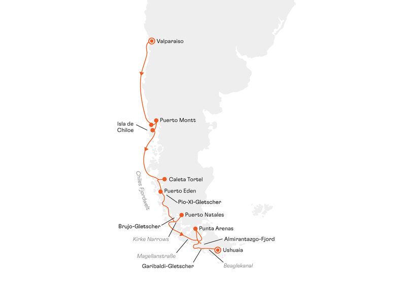 Routenkarte: Expedition Chilenische Fjorde: Wo sich einzigartige Panoramen auftun