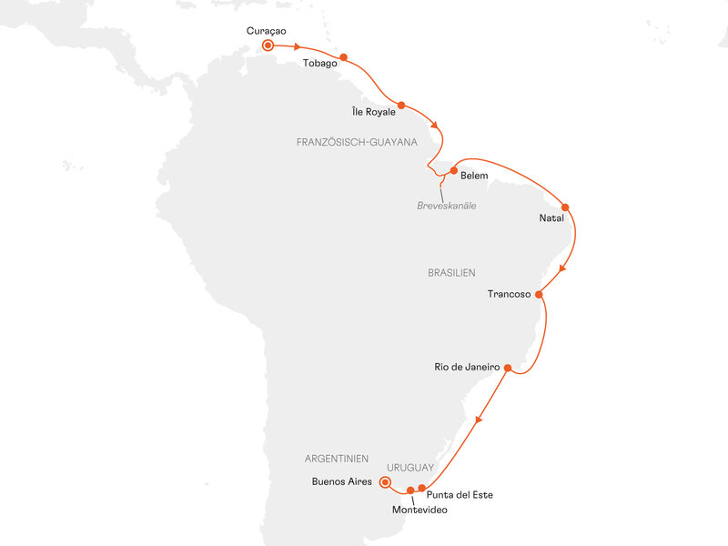 Routenkarte: Karibik und Brasilien: Inselträume, Amazonas-Magie und Lebenslust