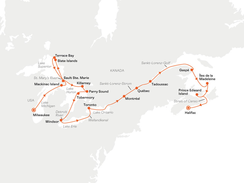 Routenkarte: Great Lakes und Sankt-Lorenz-Strom: Zusammenfluss von Wildnis und Historie