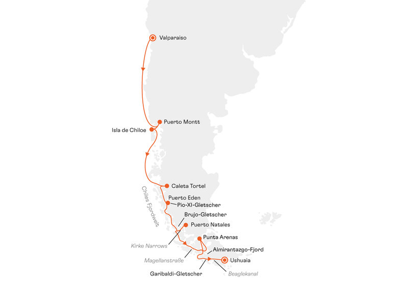 Routenkarte: Expedition Chilenische Fjorde: Überwältigendes Naturlabyrinth