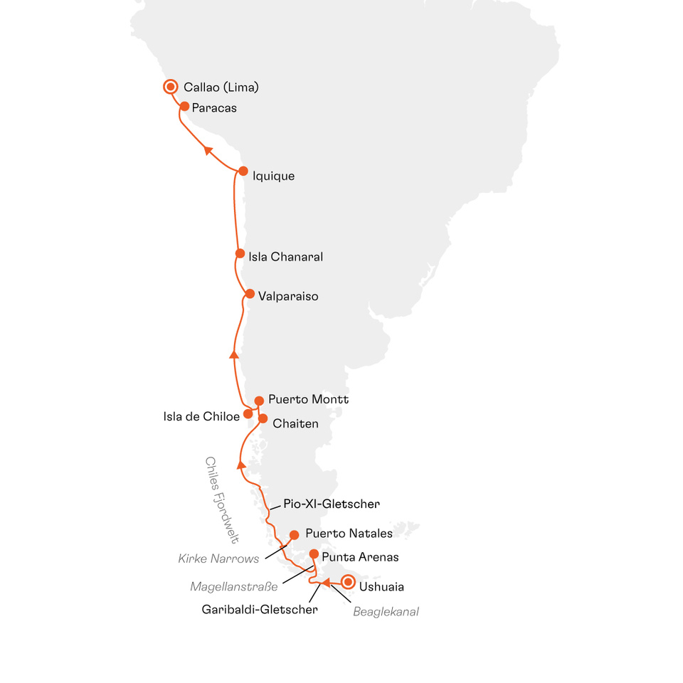 Originale Hapag-Lloyd Cruises Routenkarte INS2704 Ushuaia bis Callao