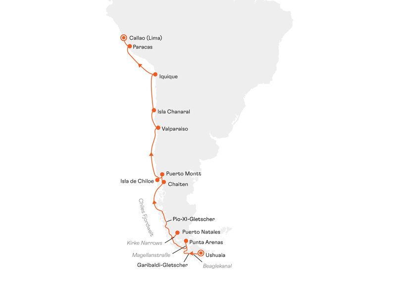 Routenkarte: Expedition Chilenische Fjorde: Zeitzeugen aus Stein und Eis