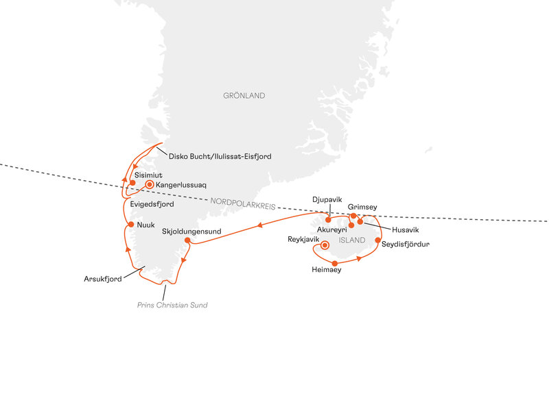Routenkarte: Expedition Rund um Island und Südwestgrönland: Premiere zwischen Feuer und Eis