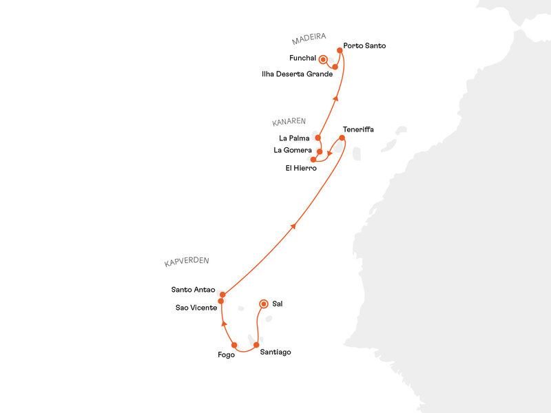 Routenkarte: Kapverden, Kanaren und Madeira: Atlantische Archipele im Spiel der Gegensätze