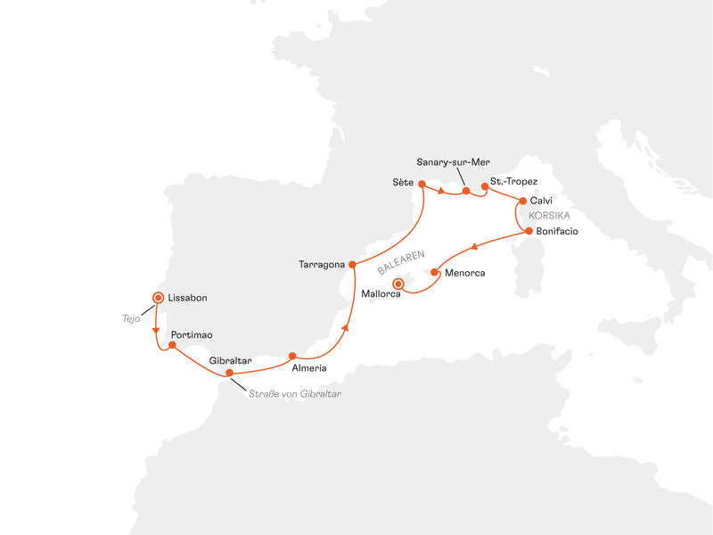 Routenkarte: Portugal, Spanien und Frankreich: Mediterranes Meisterwerk in vier Akten