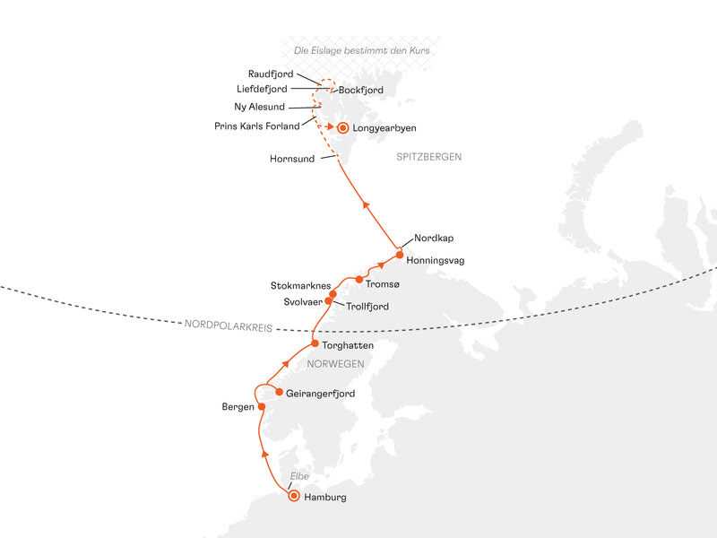 Routenkarte: Expedition Norwegen und Nordwestspitzbergen: Arktis-Abenteuer bis zur Eisgrenze