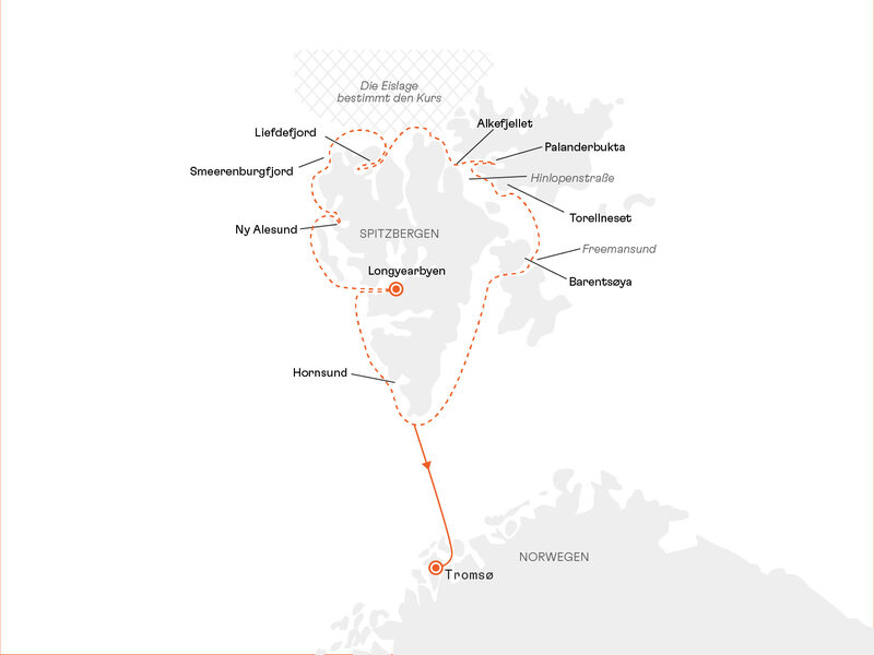 Routenkarte: Expedition Spitzbergen-Umrundung: Polarer Mythos – rundum spektakulär