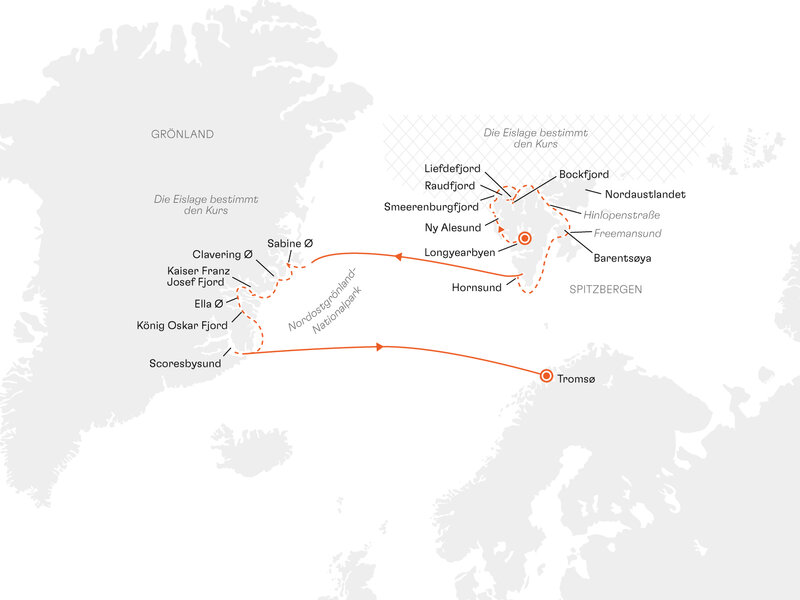 Routenkarte: Expedition Spitzbergen-Umrundung und Nordostgrönland: Wildnis, Weite, Wandel – Arktis intensiv