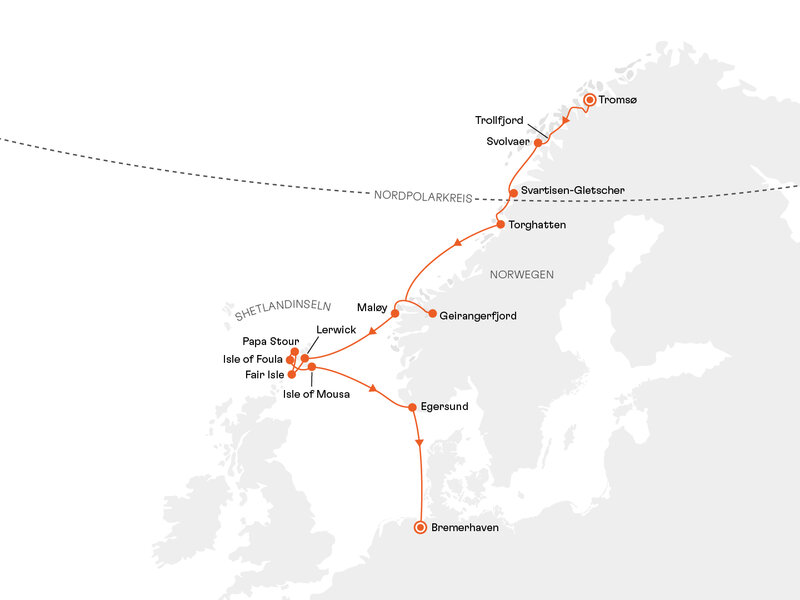 Routenkarte: Expedition Norwegen und Shetlandinseln: Kontrastwelten am Rande Europas