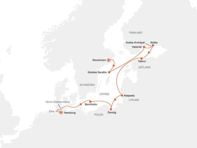 Routenkarte: Ostsee mit Kotka-Archipel: Hansestädte und Schärenzauber im Herbst