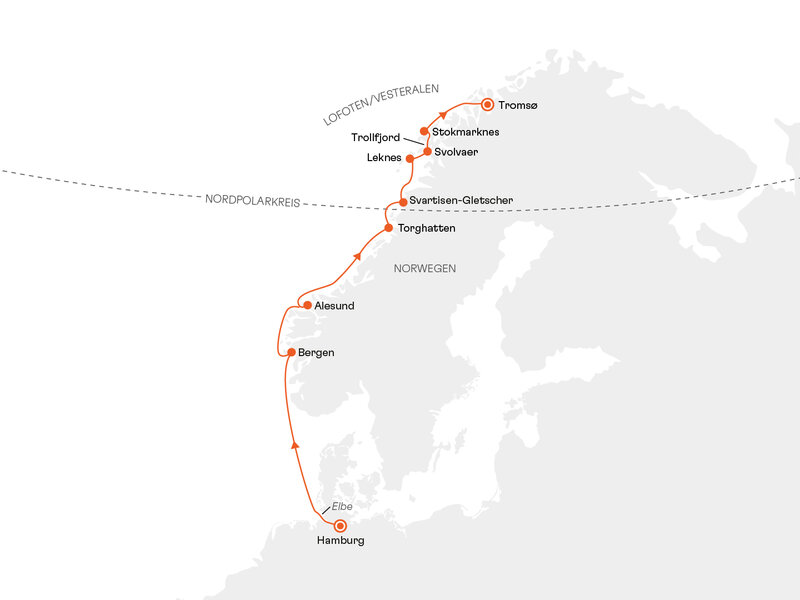 Routenkarte: Norwegens Fjorde mit Lofoten und Vesteralen: Im Bann der wilden Nordmeer-Inseln