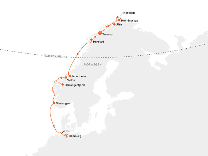 Routenkarte: Norwegens Fjorde mit Nordkap: Ein Kennenlernabenteuer des hohen Nordens
