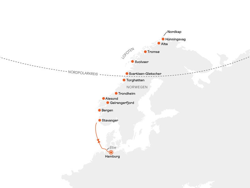 Routenkarte: Polarlicht-Abenteuer Norwegen: Kurs auf magische Polarlichter