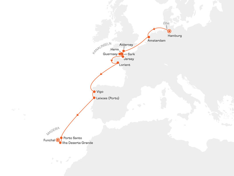 Routenkarte: Kanalinseln und Portugal mit Madeira: Europa zwischen Barock und Atlantik-Klippen