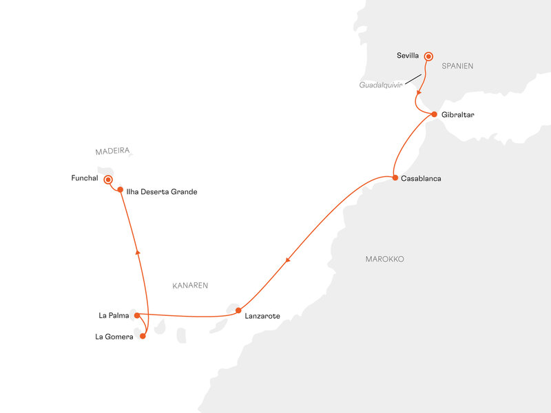 Routenkarte: Kurzreise Gibraltar, Marokko und Madeira: Zwei Kontinente im Spiegel der Kultur