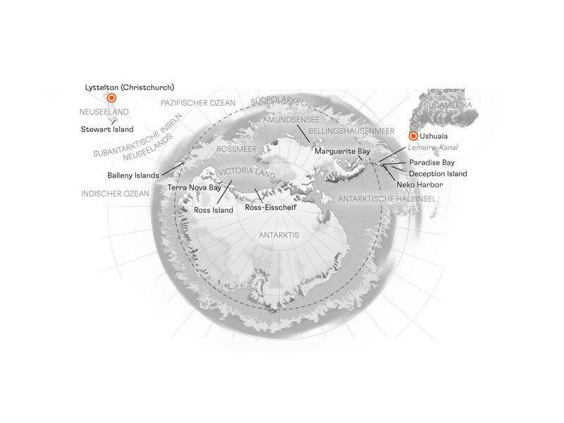 Routenkarte: Expedition Semi-Circumnavigation Antarktis (Halbumrundung): Eine Route, die nur wenige je bewältigt haben