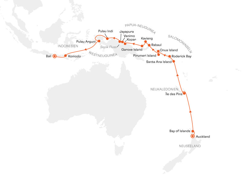 Routenkarte: Expedition Salomoninseln, Papua-Neuguinea und Indonesien: Inselhopping zu versteckten Pazifik-Perlen