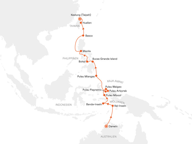 Routenkarte: Expedition Molukken, Raja Ampat und Philippinen: Paradiese über und unter Wasser