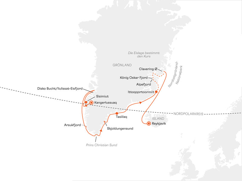 Routenkarte: Expedition West- und Ostgrönland: Durch Fjorde, Eis und Zeit