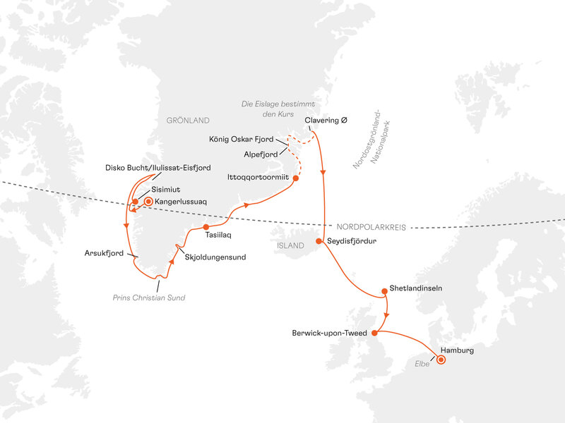 Routenkarte: Expedition West- und Ostgrönland: Grönland als Gesamtkunstwerk