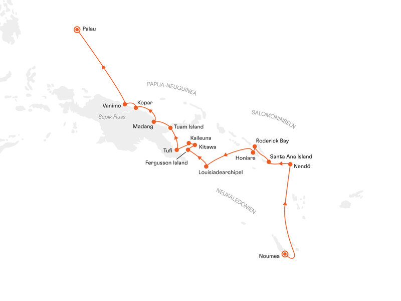 Routenkarte: Expedition Papua-Neuguinea, Salomoninseln und Palau: Inselhopping zu versteckten Pazifik-Perlen